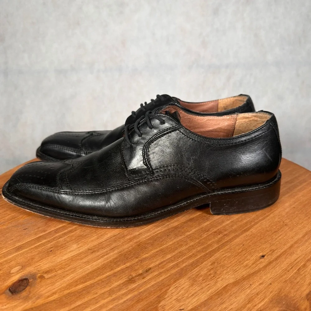 Joseph Abboud Oxford Shoes Mens 9.5 Black Good Wingtip Brogue Square Toe Leather